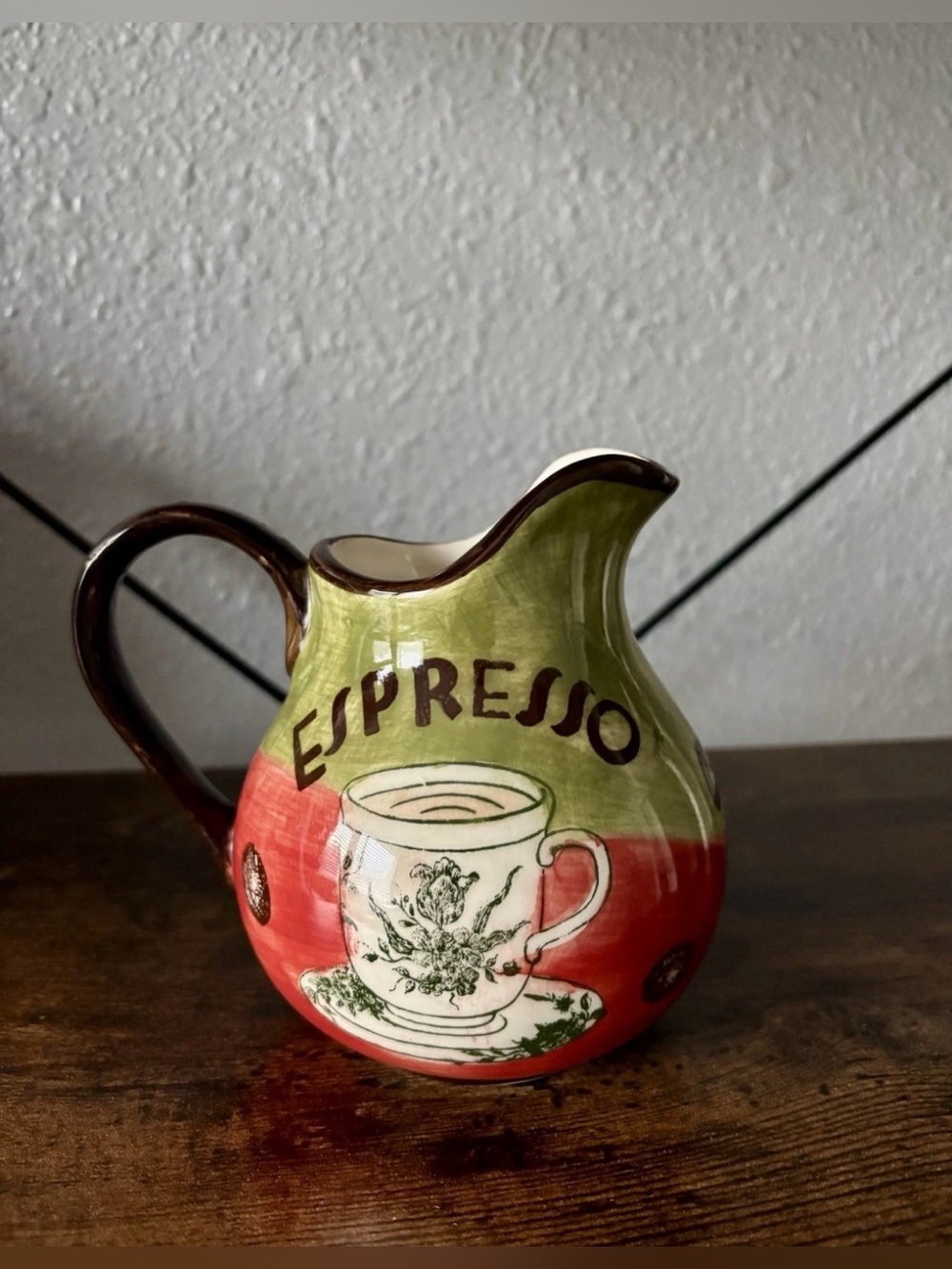 Espresso Ceramic Pitcher in Green and Red Farmhouse Vintage Look
